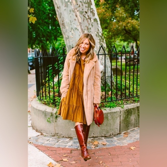 VOLOSHIN Swingy Tiered Corduroy Dress Camel XS - Picture 1 of 11